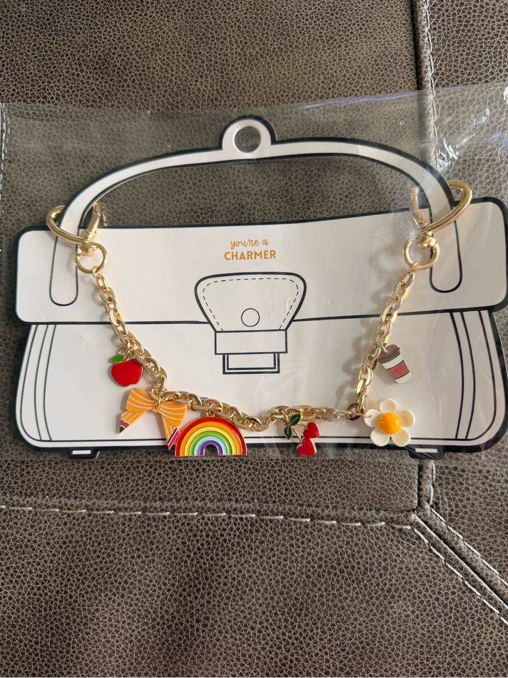 NEW You’re a Charmer Purse Bag Charm Chain Rainbow Apple Daisy Coffee Gold Tone